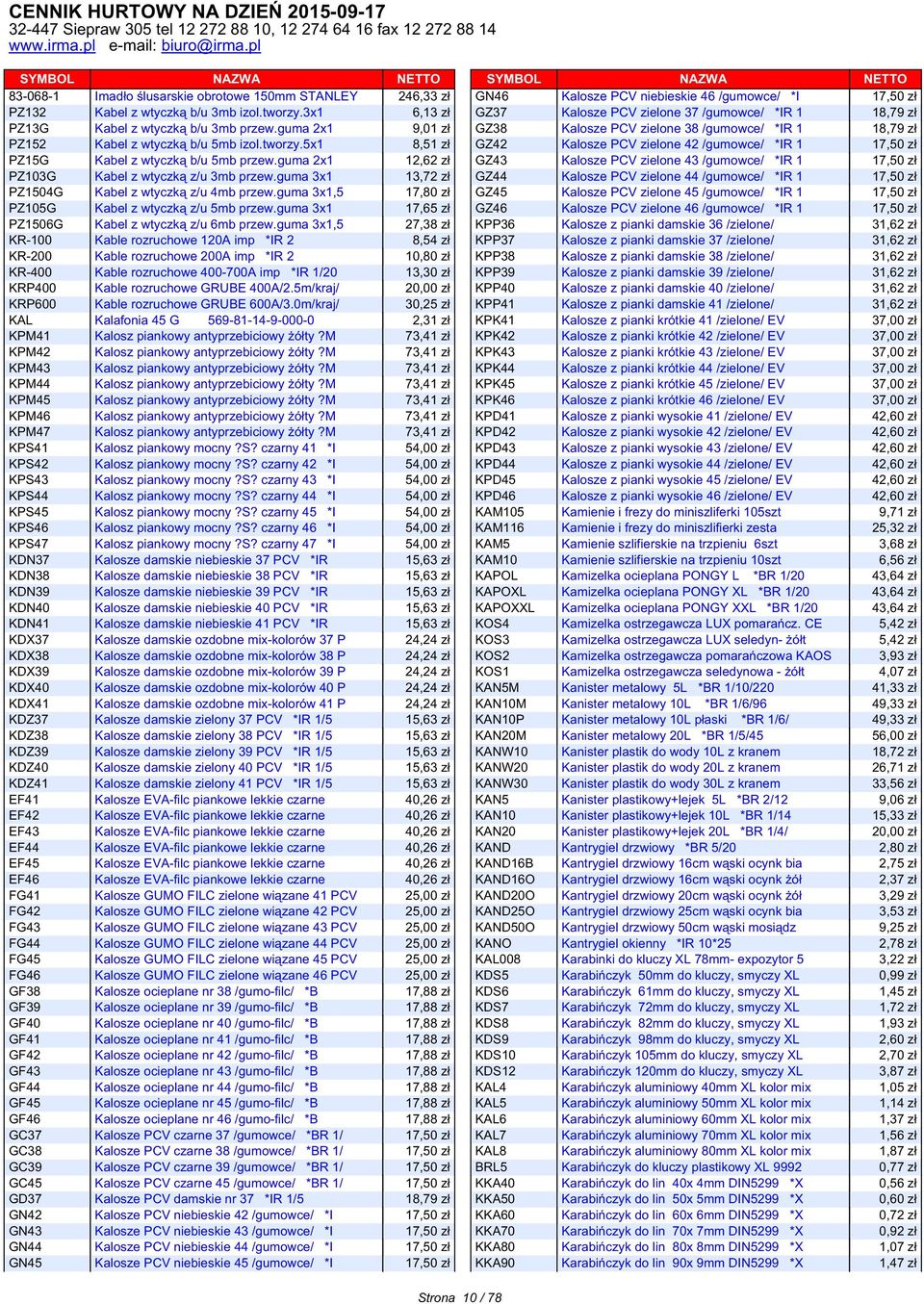 guma 2x1 9,01 zł GZ38 Kalosze PCV zielone 38 /gumowce/ *IR 1 18,79 zł PZ152 Kabel z wtyczką b/u 5mb izol.tworzy.