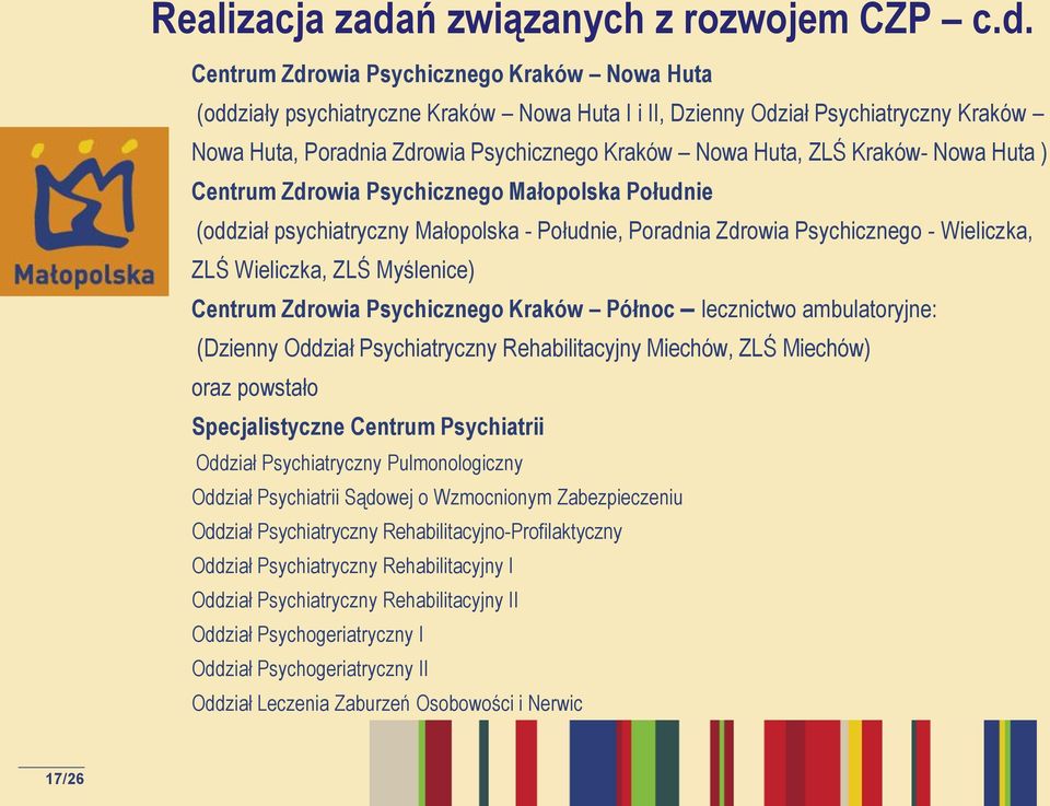 Centrum Zdrowia Psychicznego Kraków Nowa Huta (oddziały psychiatryczne Kraków Nowa Huta I i II, Dzienny Odział Psychiatryczny Kraków Nowa Huta, Poradnia Zdrowia Psychicznego Kraków Nowa Huta, ZLŚ