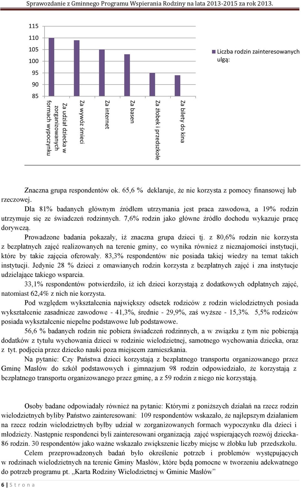 Dla 81% badanych głównym źródłem utrzymania jest praca zawodowa, a 19% rodzin utrzymuje się ze świadczeń rodzinnych. 7,6% rodzin jako główne źródło dochodu wykazuje pracę dorywczą.