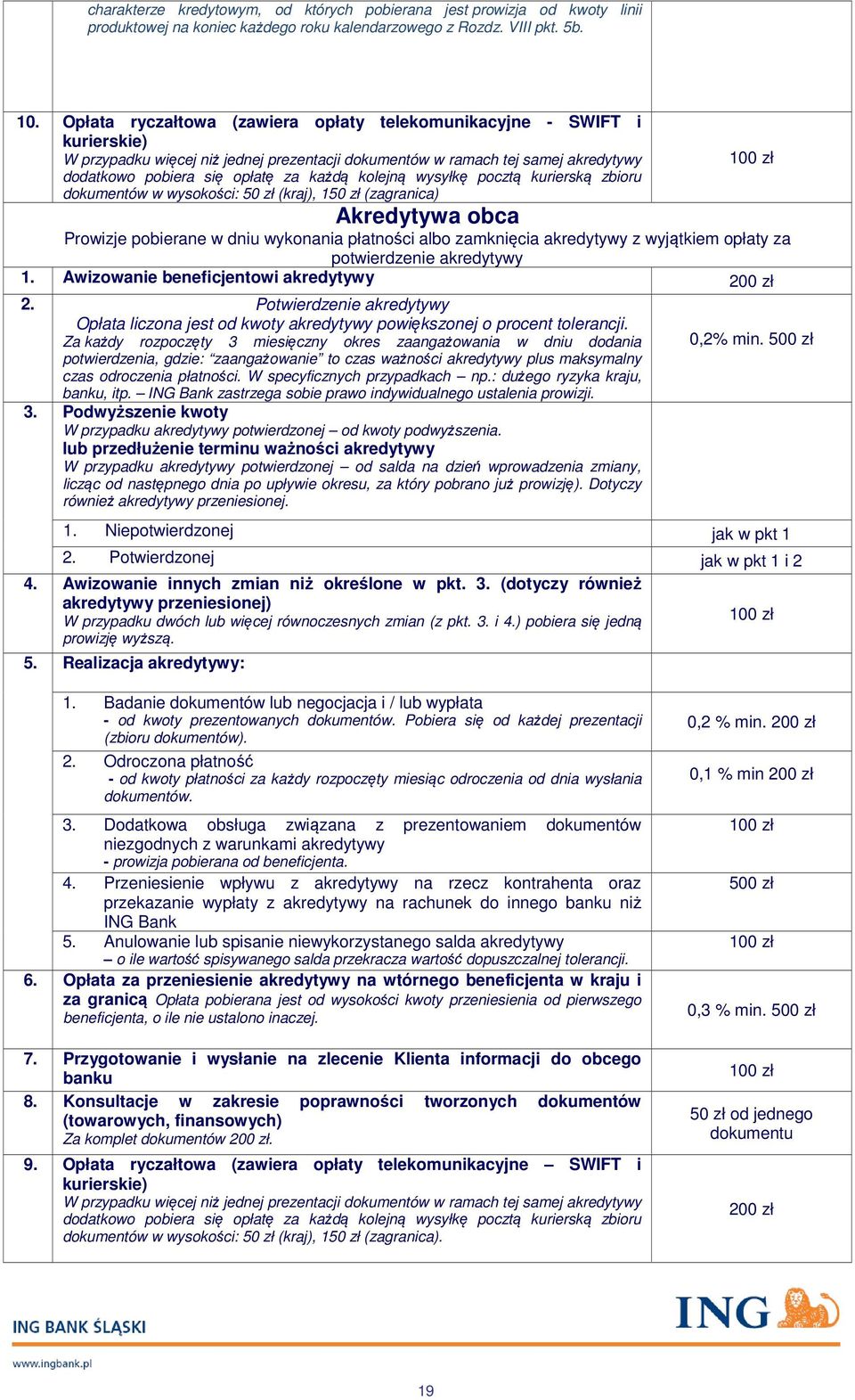 kolejną wysyłkę pocztą kurierską zbioru dokumentów w wysokości: 50 zł (kraj), 150 zł (zagranica) Akredytywa obca Prowizje pobierane w dniu wykonania płatności albo zamknięcia akredytywy z wyjątkiem