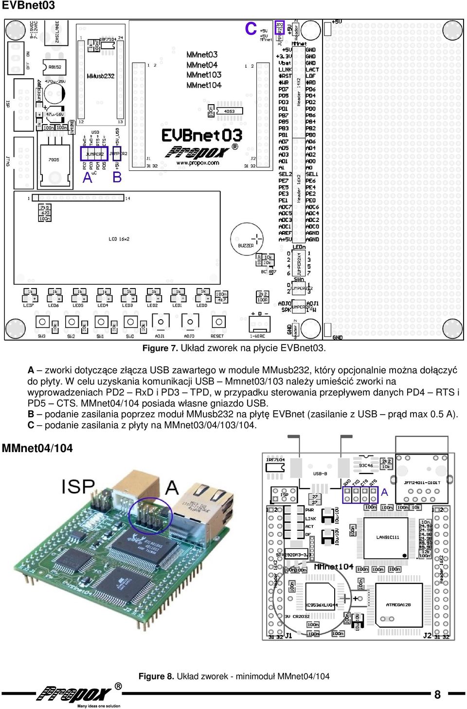 W celu uzyskania komunikacji USB Mmnet03/103 należy umieścić zworki na wyprowadzeniach PD2 RxD i PD3 TPD, w przypadku sterowania przepływem