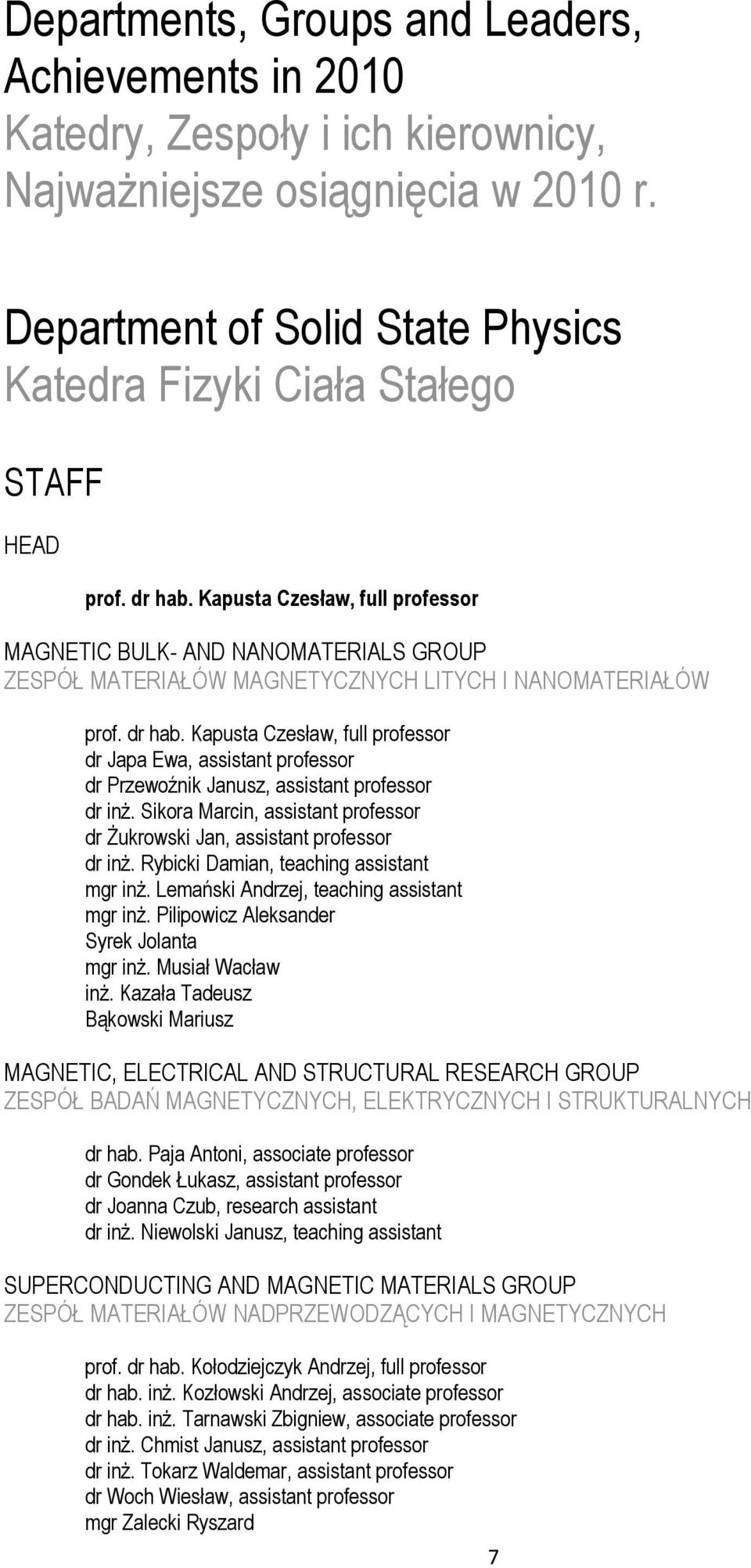 Kapusta Czesław, full professor MAGNETIC BULK- AND NANOMATERIALS GROUP ZESPÓŁ MATERIAŁÓW MAGNETYCZNYCH LITYCH I NANOMATERIAŁÓW prof. dr hab.