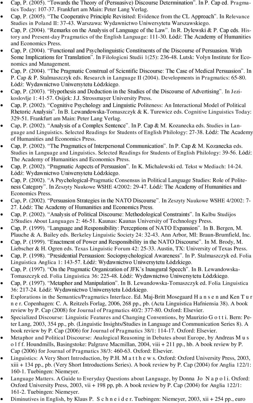 History and Present-day Pragmatics of the English Language: 111-30. Łódź: The Academy of Humanities and Economics Press. Cap, P. (2004).