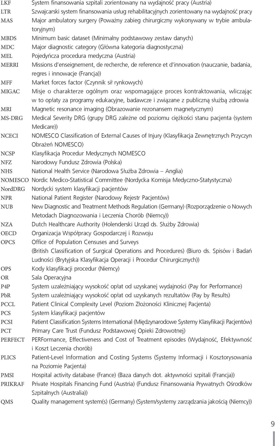 Pojedyńcza procedura medyczna (Austria) MERRI Missions d enseignement, de recherche, de reference et d innovation (nauczanie, badania, regres i innowacje (Francja)) MFF Market forces factor (Czynnik