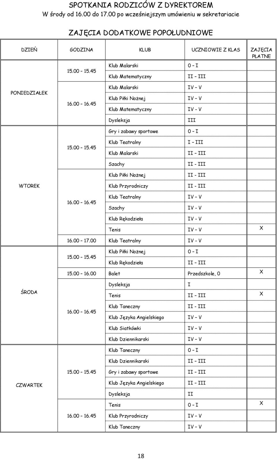 45 Klub Teatralny Klub Malarski I III II III Szachy II - III Klub Piłki Nożnej II - III WTOREK Klub Przyrodniczy II - III 16.00 16.