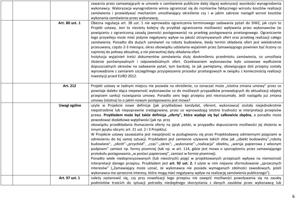 kosztów wykonania zamówienia przez wykonawcę. Obecna regulacja art. 38 ust. 1 nie wprowadza ograniczenia terminowego zadawania pytań do SIWZ, jak czyni to Projekt ustawy.