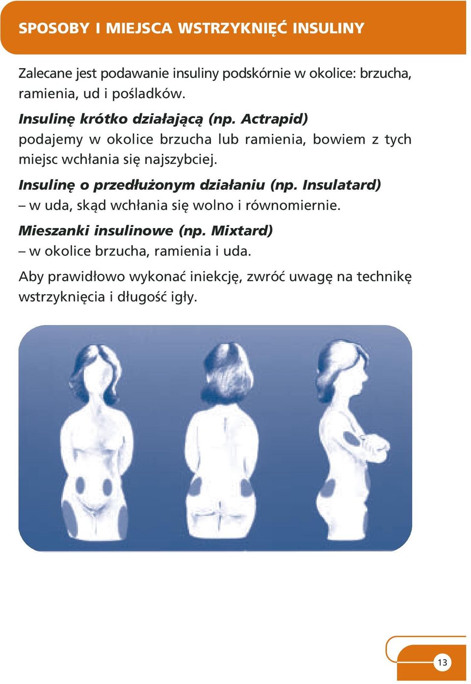 Insulinê o przed³u onym dzia³aniu (np. Insulatard) w uda, sk¹d wch³ania siê wolno i równomiernie. Mieszanki insulinowe (np.