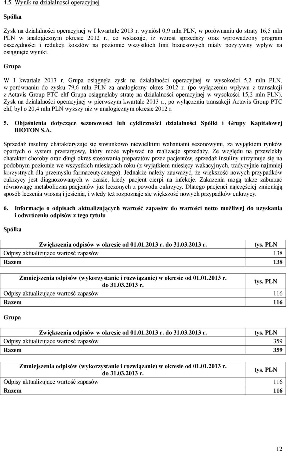 siągnęła zysk na działalnści peracyjnej w wyskści 5,2 mln PLN, w prównaniu d zysku 79,6 mln PLN za analgiczny kres 2012 r.