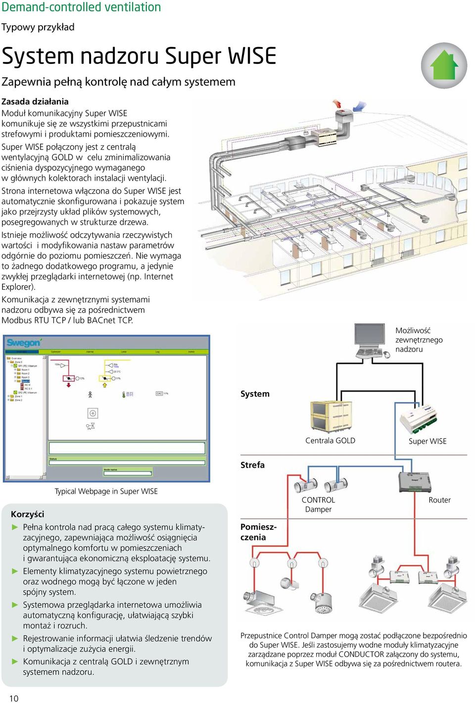 Super WISE połączony jest z centralą wentylacyjną GOLD w celu zminimalizowania ciśnienia dyspozycyjnego wymaganego w głównych kolektorach instalacji wentylacji.