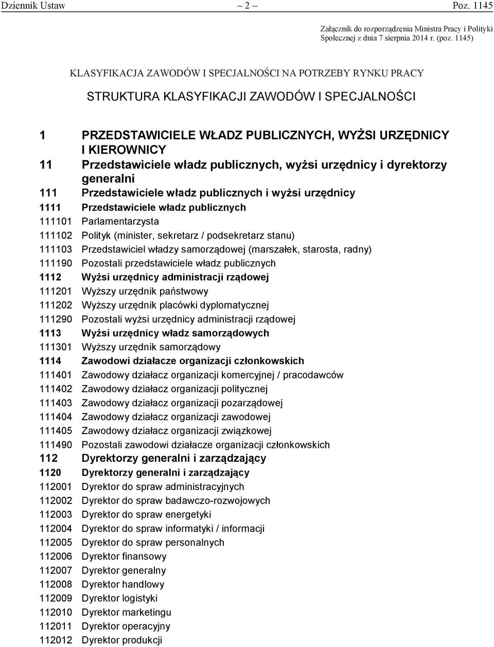 władz publicznych, wyżsi urzędnicy i dyrektorzy generalni 111 Przedstawiciele władz publicznych i wyżsi urzędnicy 1111 Przedstawiciele władz publicznych 111101 Parlamentarzysta 111102 Polityk