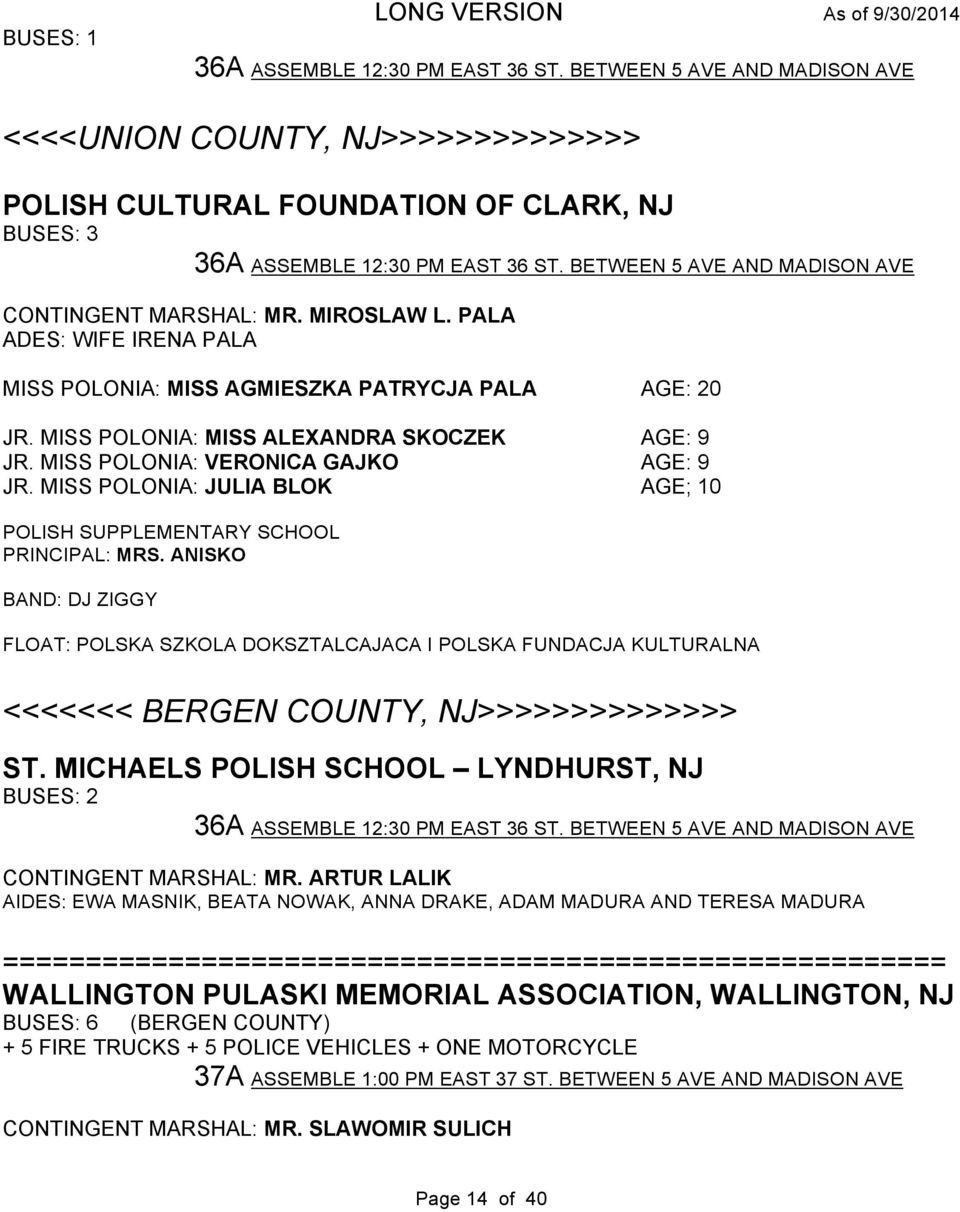 BETWEEN 5 AVE AND MADISON AVE CONTINGENT MARSHAL: MR. MIROSLAW L. PALA ADES: WIFE IRENA PALA MISS POLONIA: MISS AGMIESZKA PATRYCJA PALA AGE: 20 JR. MISS POLONIA: MISS ALEXANDRA SKOCZEK AGE: 9 JR.