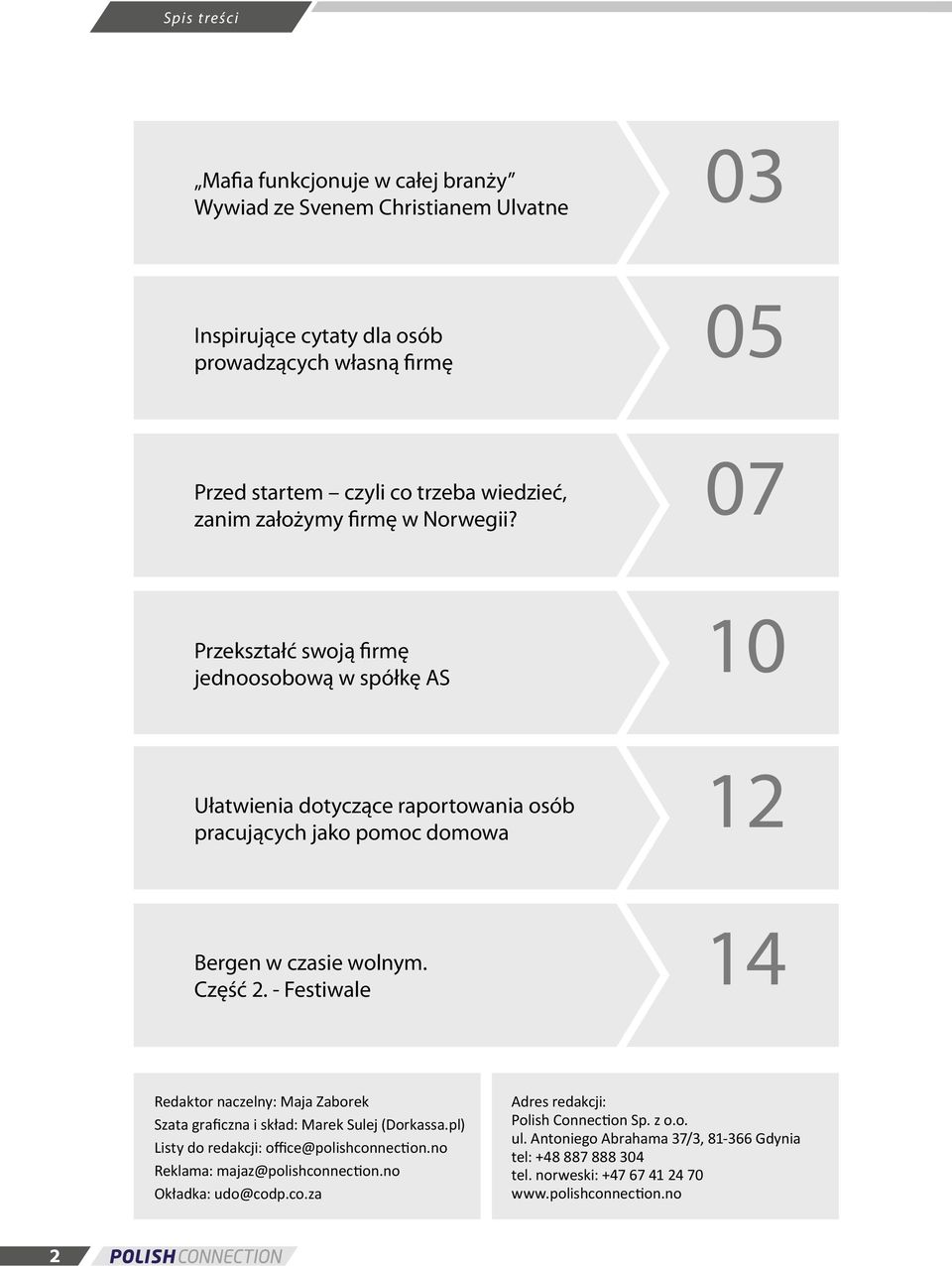 - Festiwale 03 05 07 10 12 14 Redaktor naczelny: Maja Zaborek Szata graficzna i skład: Marek Sulej (Dorkassa.pl) Listy do redakcji: office@polishconnection.