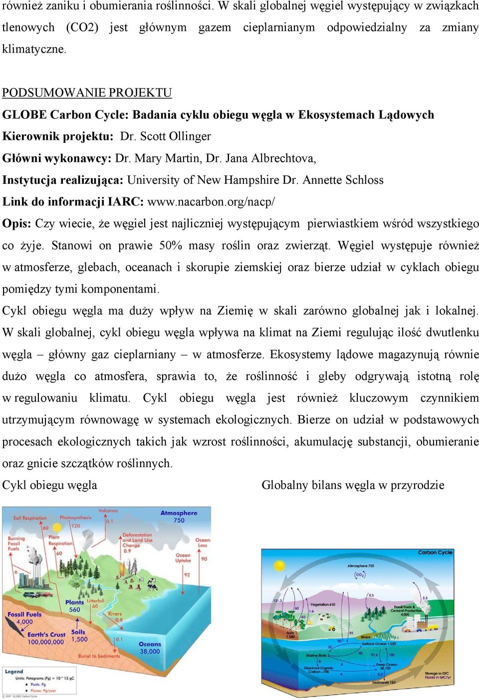 Jana Albrechtova, Instytucja realizująca: University of New Hampshire Dr. Annette Schloss Link do informacji IARC: www.nacarbon.