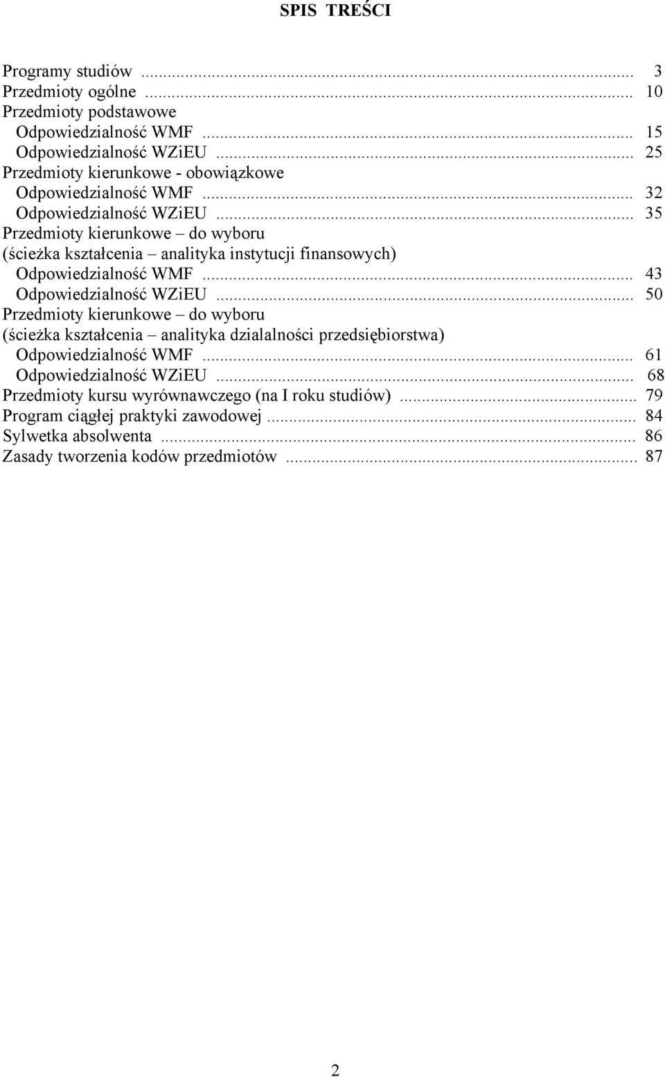 .. 35 Przedmioty kierunkowe do wyboru (ścieżka kształcenia analityka instytucji finansowych) Odpowiedzialność WMF... 43 Odpowiedzialność WZiEU.