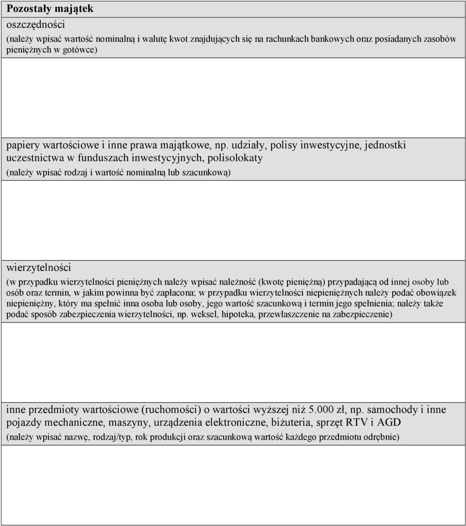 udziały, polisy inwestycyjne, jednostki uczestnictwa w funduszach inwestycyjnych, polisolokaty (należy wpisać rodzaj i wartość nominalną lub szacunkową) wierzytelności (w przypadku wierzytelności