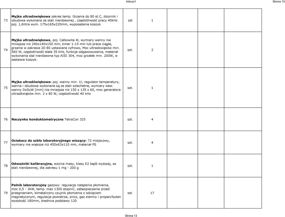 Całkowita 4l, wymiary wanny nie mniejsze niż 240x140x150 mm, timer 1-15 min lub praca ciągła, grzanie w zakresie 20-80 ustawiane cyfrowo, Moc ultradzwięków min.