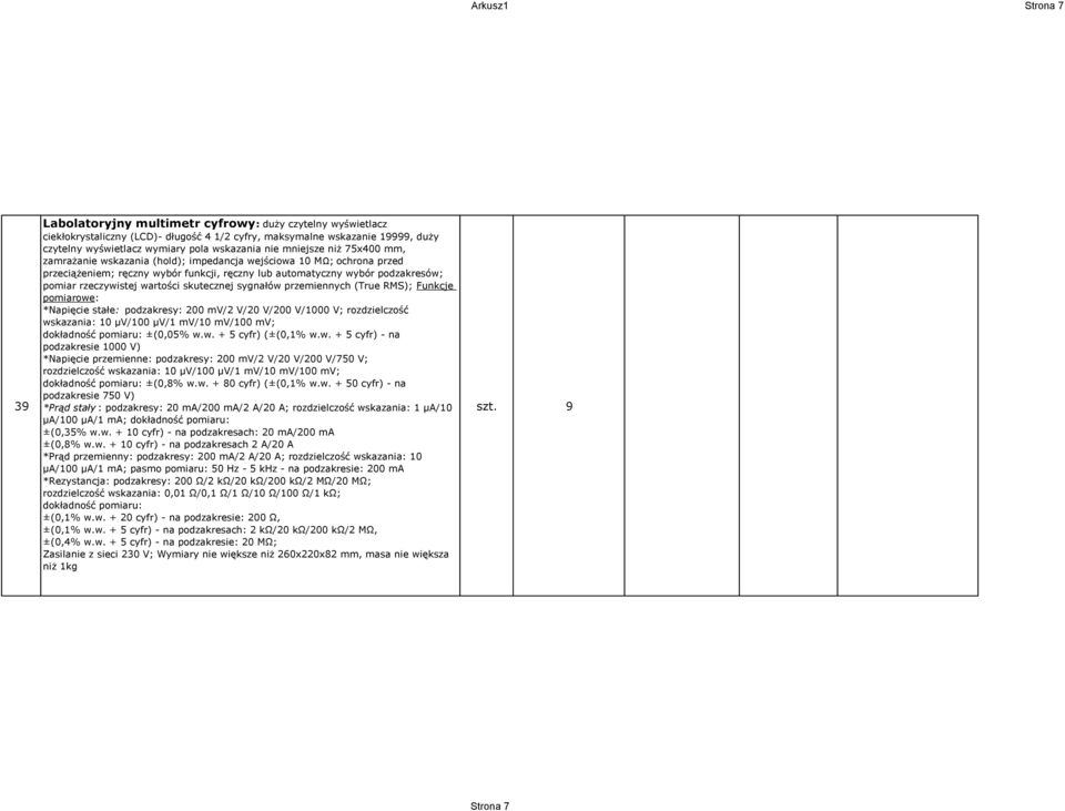 rzeczywistej wartości skutecznej sygnałów przemiennych (True RMS); Funkcje pomiarowe: *Napięcie stałe: podzakresy: 200 mv/2 V/20 V/200 V/1000 V; rozdzielczość wskazania: 10 µv/100 µv/1 mv/10 mv/100