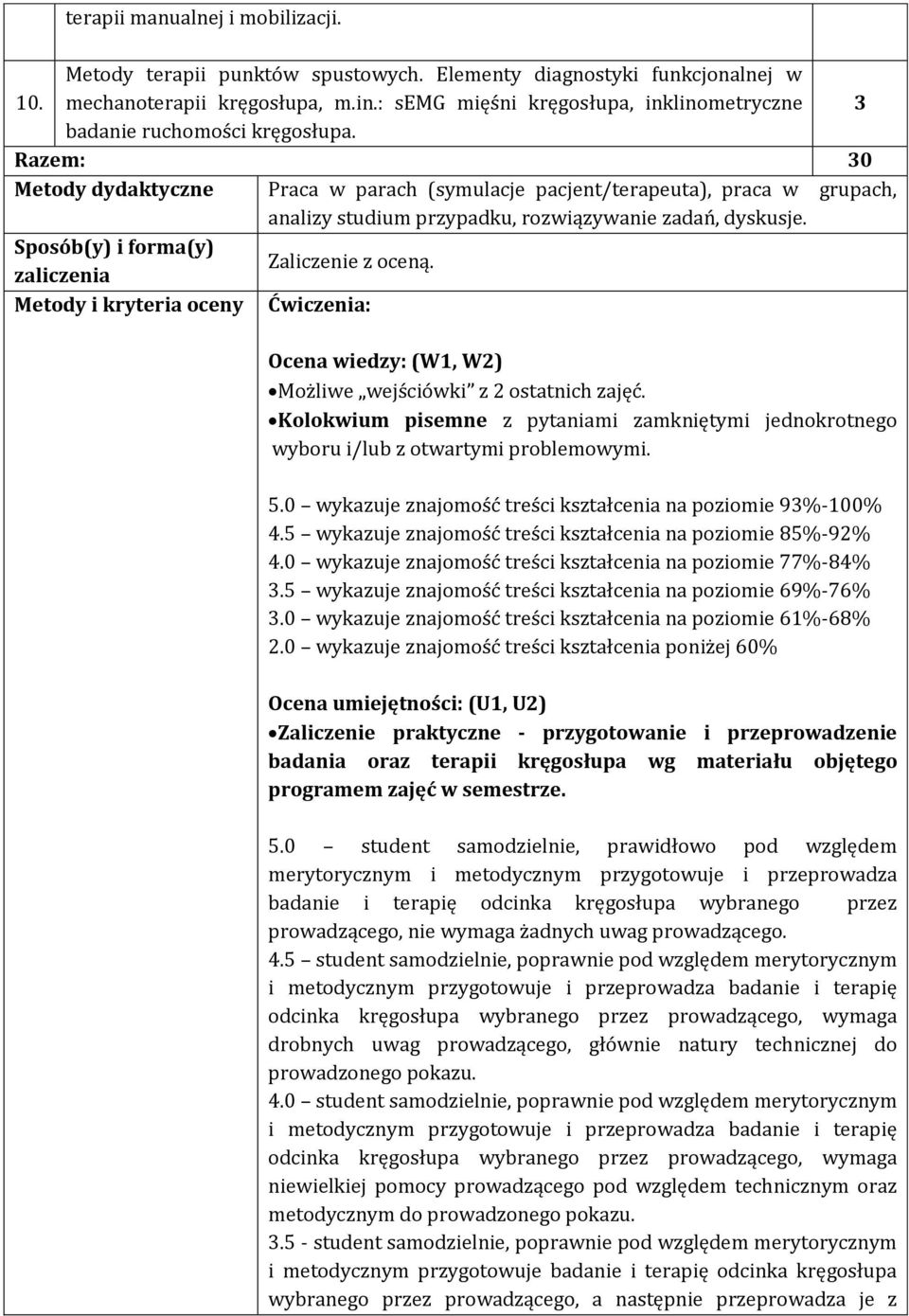 Razem: 0 Metody dydaktyczne Praca w parach (symulacje pacjent/terapeuta), praca w grupach, analizy studium przypadku, rozwiązywanie zadań, dyskusje. Sposób(y) i forma(y) zaliczenia Zaliczenie z oceną.