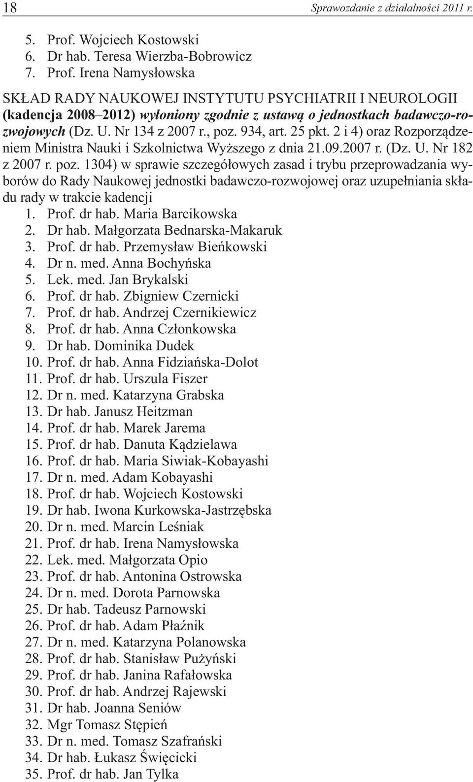 Irena Namysłowska SKŁAD RADY NAUKOWEJ INSTYTUTU PSYCHIATRII I NEUROLOGII (kadencja 2008 2012) wyłoniony zgodnie z ustawą o jednostkach badawczo-rozwojowych (Dz. U. Nr 134 z 2007 r., poz. 934, art.