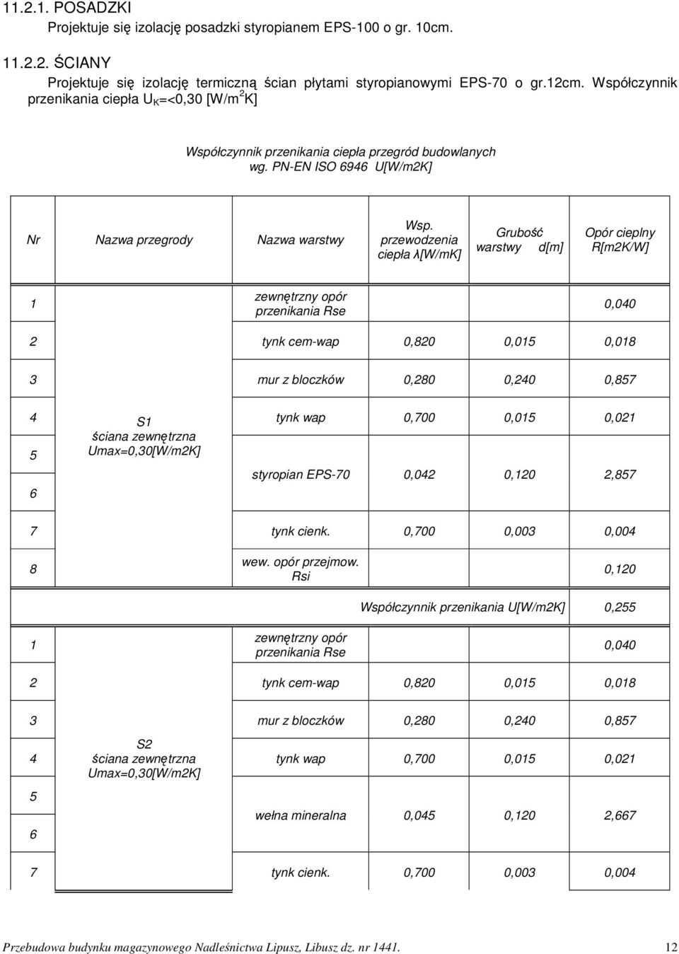 przewodzenia ciepła λ[w/mk] Grubość warstwy d[m] Opór cieplny R[m2K/W] 1 zewnętrzny opór przenikania Rse 0,040 2 tynk cem-wap 0,820 0,015 0,018 3 mur z bloczków 0,280 0,240 0,857 4 S1 tynk wap 0,700