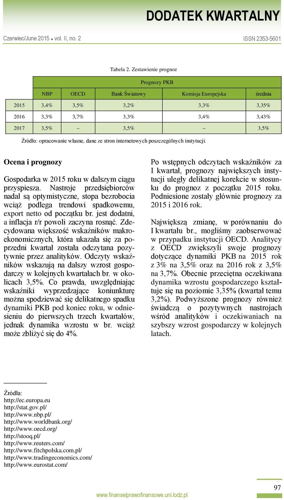 ze stron internetowych poszczególnych instytucji. Ocena i prognozy Gospodarka w 2015 roku w dalszym ciągu przyspiesza.