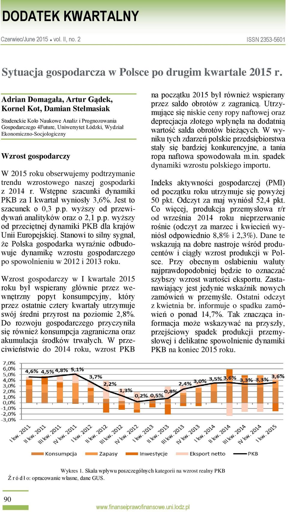 gospodarczy W 2015 roku obserwujemy podtrzymanie trendu wzrostowego naszej gospodarki z 2014 r. Wstępne szacunki dynamiki PKB za I kwartał wyniosły 3,6%. Jest to szacunek o 0,3 p.p. wyższy od przewidywań analityków oraz o 2,1 p.