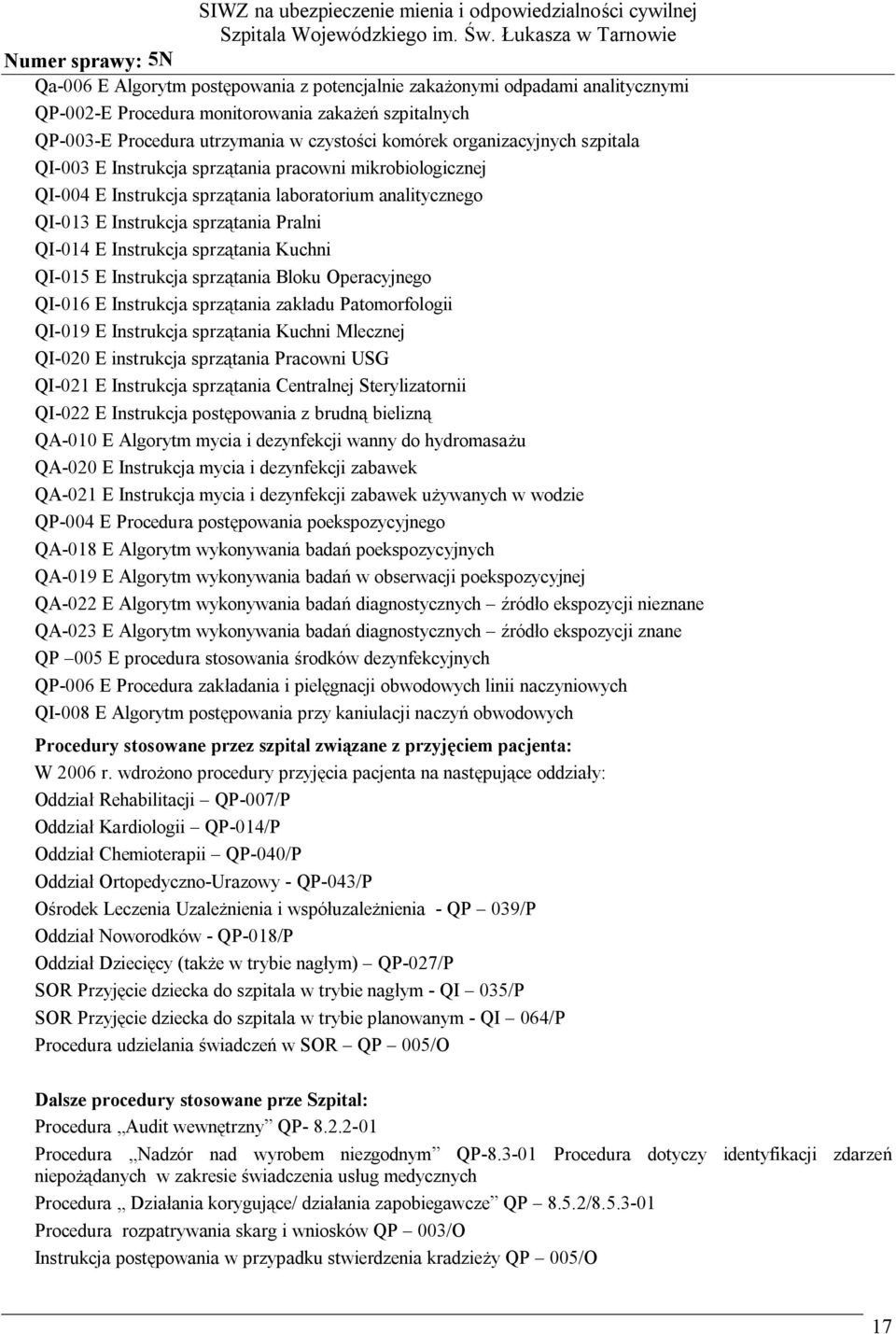 sprzątania Kuchni QI-015 E Instrukcja sprzątania Bloku Operacyjnego QI-016 E Instrukcja sprzątania zakładu Patomorfologii QI-019 E Instrukcja sprzątania Kuchni Mlecznej QI-020 E instrukcja sprzątania