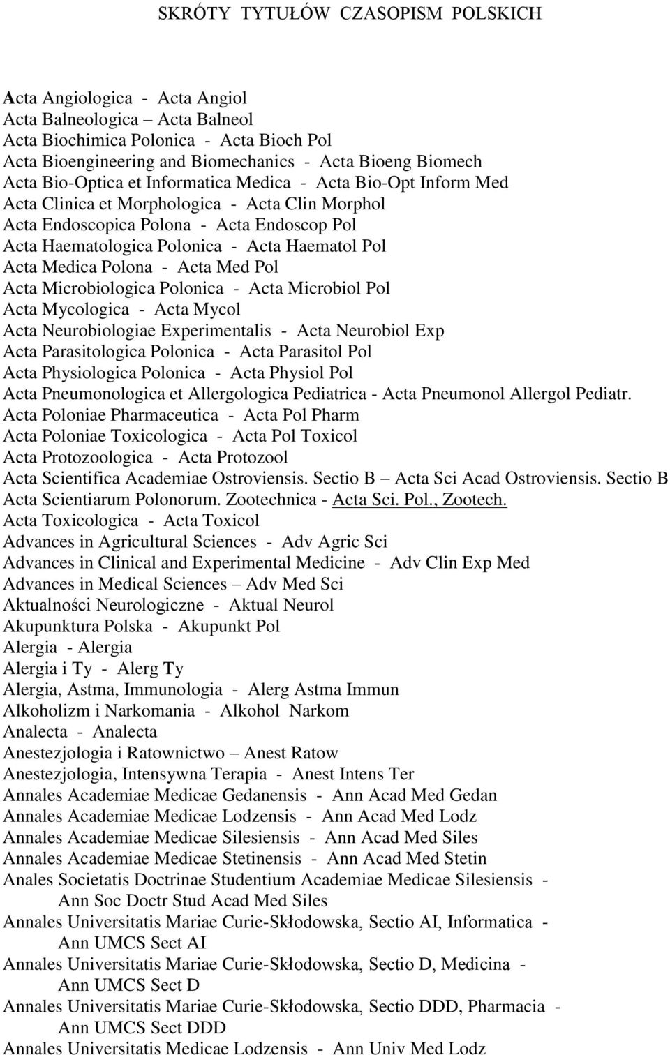 Haematol Pol Acta Medica Polona - Acta Med Pol Acta Microbiologica Polonica - Acta Microbiol Pol Acta Mycologica - Acta Mycol Acta Neurobiologiae Experimentalis - Acta Neurobiol Exp Acta