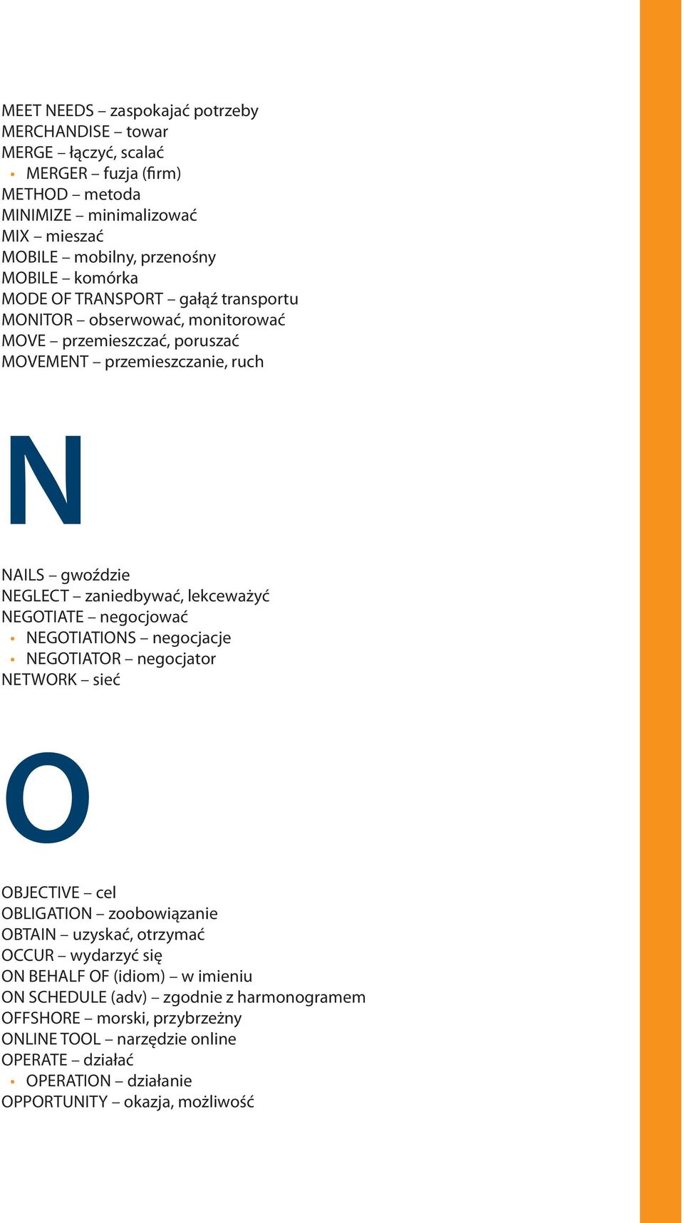 NEGOTIATE negocjować NEGOTIATIONS negocjacje NEGOTIATOR negocjator NETWORK sieć O OBJECTIVE cel OBLIGATION zoobowiązanie OBTAIN uzyskać, otrzymać OCCUR wydarzyć się ON BEHALF OF