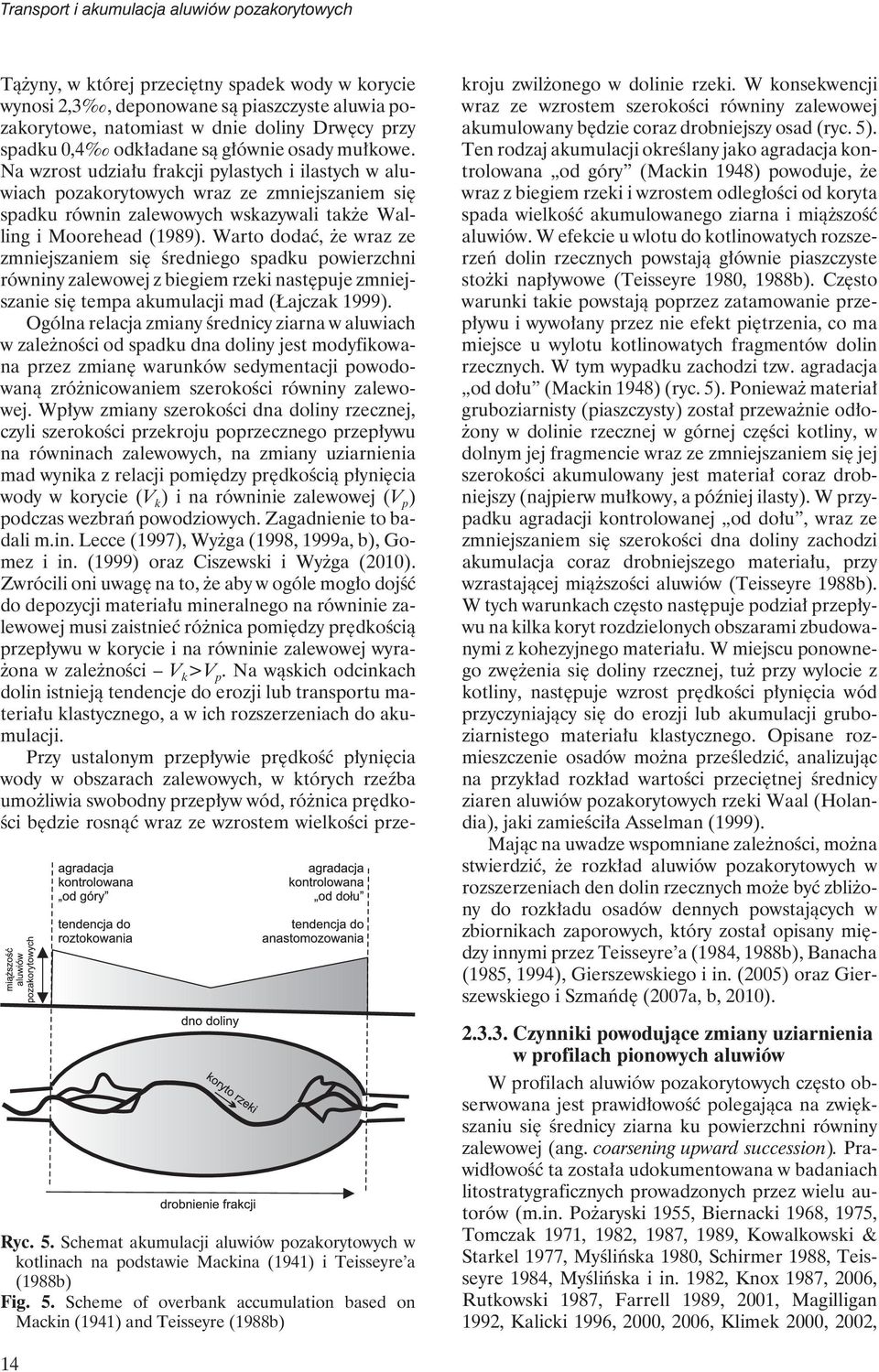 Scheme of overbank accumulation based on Mackin (1941) and Teisseyre (1988b) Tążyny, w której przeciętny spadek wody w korycie wynosi 2,3, deponowane są piaszczyste aluwia pozakorytowe, natomiast w