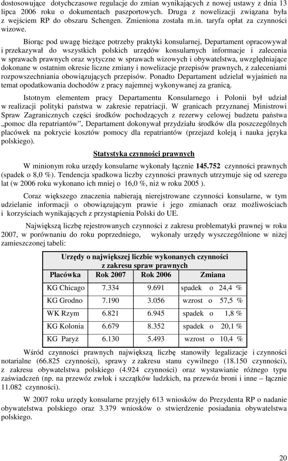 Biorąc pod uwagę bieŝące potrzeby praktyki konsularnej, Departament opracowywał i przekazywał do wszystkich polskich urzędów konsularnych informacje i zalecenia w sprawach prawnych oraz wytyczne w