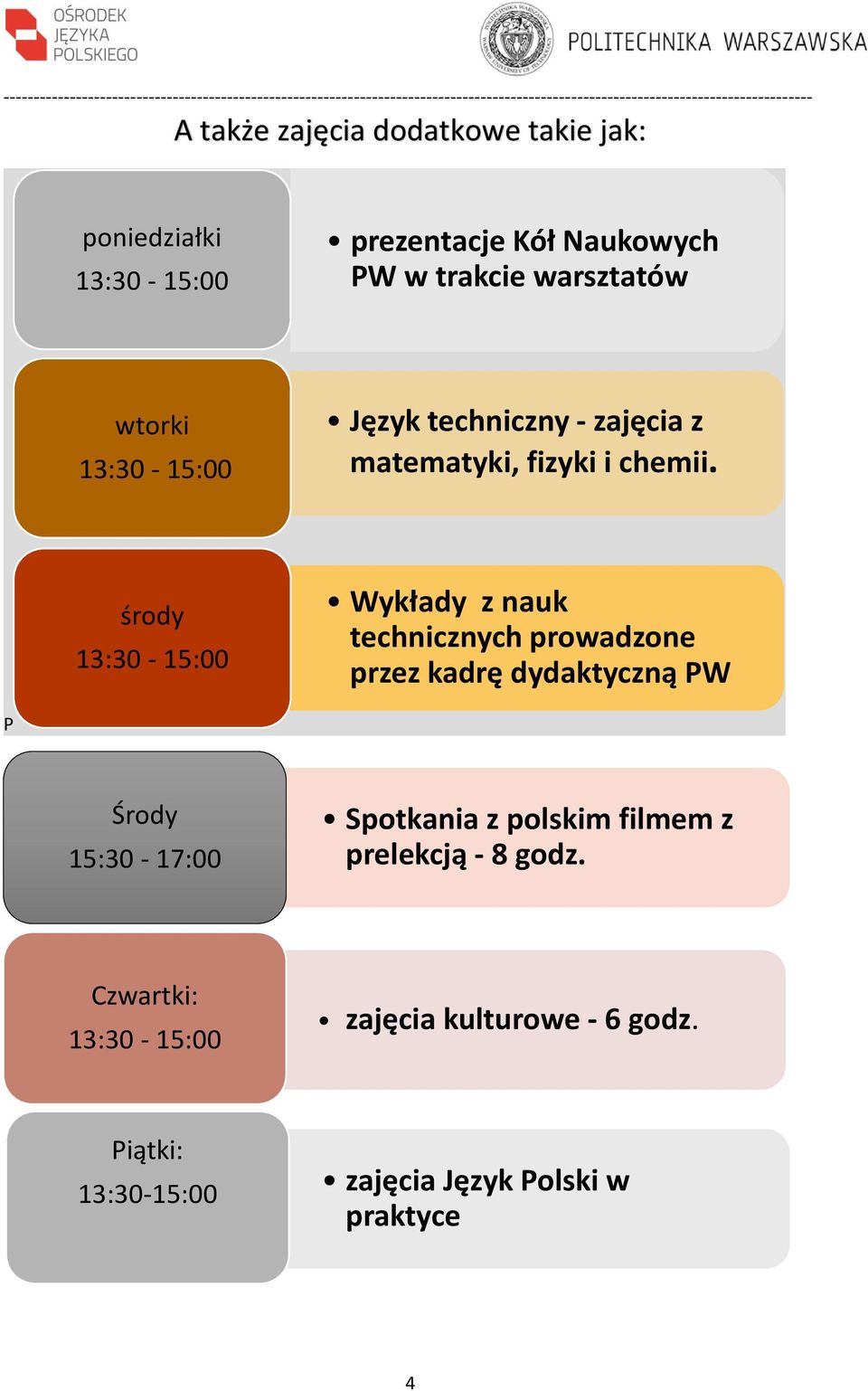 środy 13:30-15:00 Wykłady z nauk technicznych prowadzone przez kadrę dydaktyczną PW P Środy 15:30-17:00