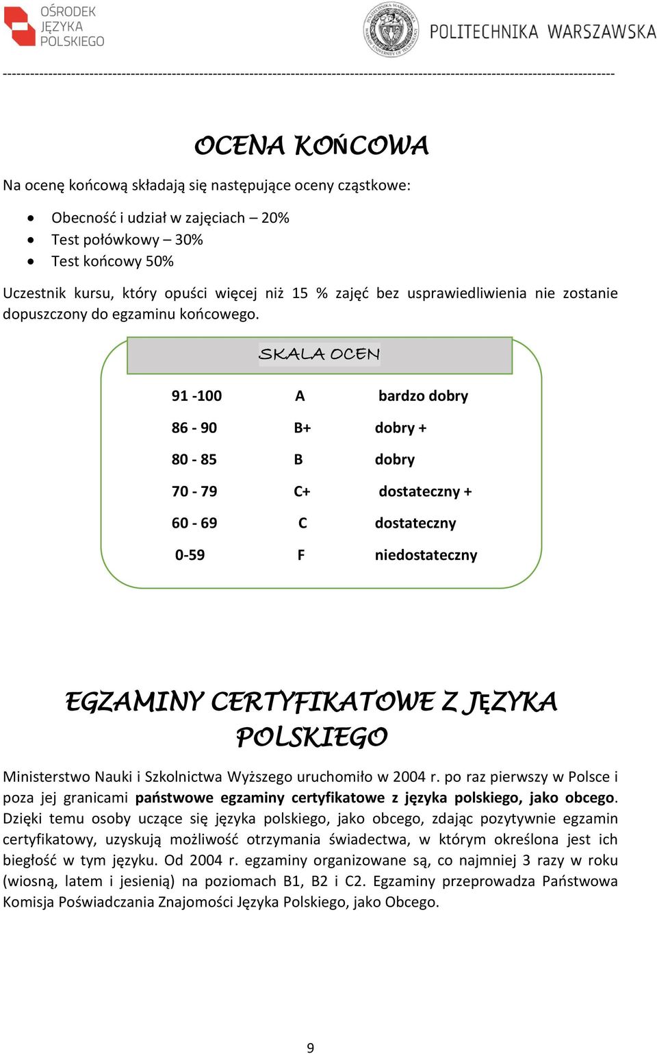 SKALA OCEN 91-100 A bardzo dobry 86-90 B+ dobry + 80-85 B dobry 70-79 C+ dostateczny + 60-69 C dostateczny 0-59 F niedostateczny EGZAMINY CERTYFIKATOWE Z JĘZYKA POLSKIEGO Ministerstwo Nauki i