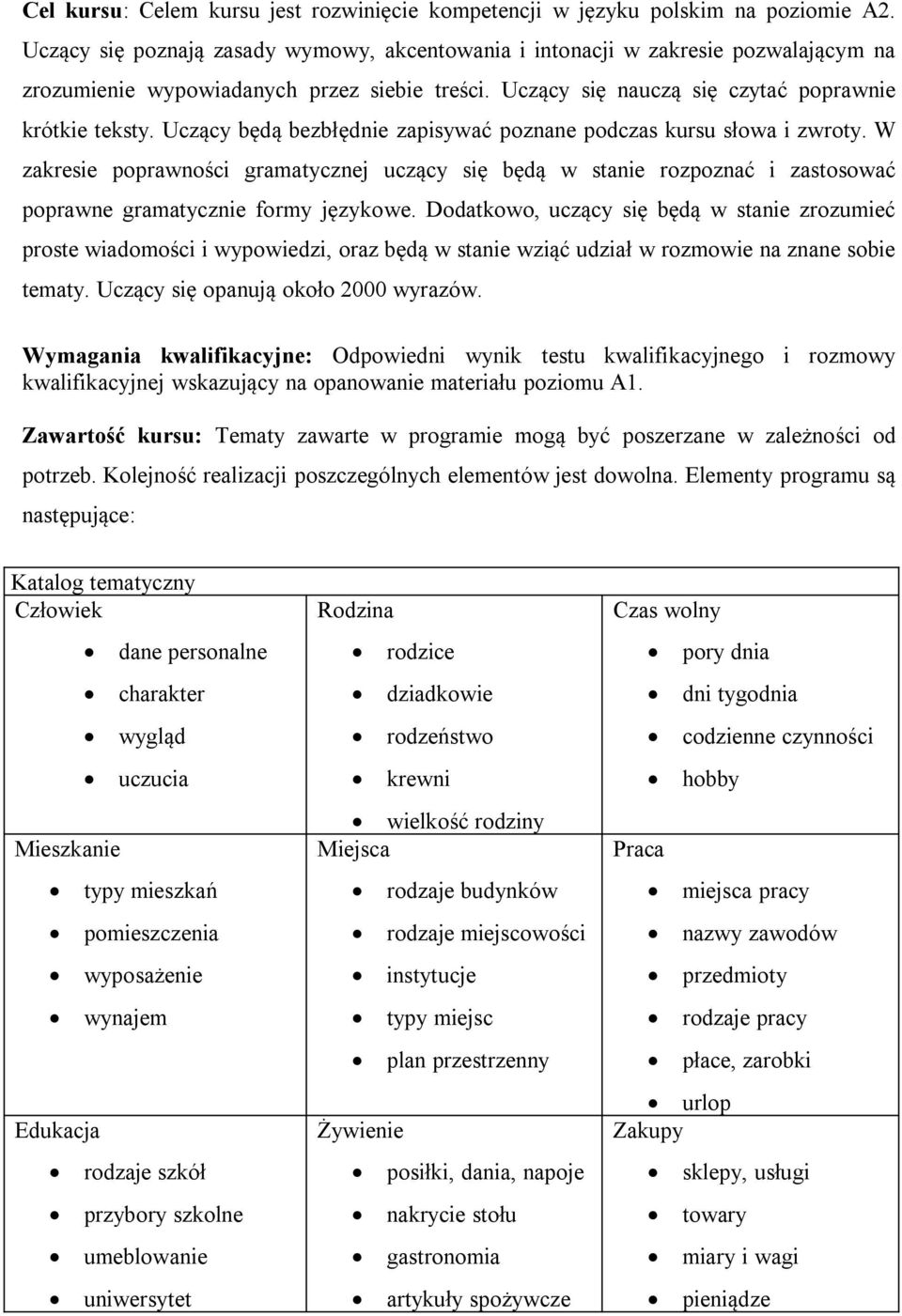 Uczący będą bezbłędnie zapisywać poznane podczas kursu słowa i zwroty. W zakresie poprawności gramatycznej uczący się będą w stanie rozpoznać i zastosować poprawne gramatycznie formy językowe.