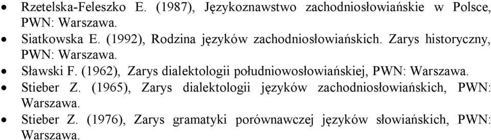 (1962), Zarys dialektologii południowosłowiańskiej, PWN: Warszawa. Stieber Z.