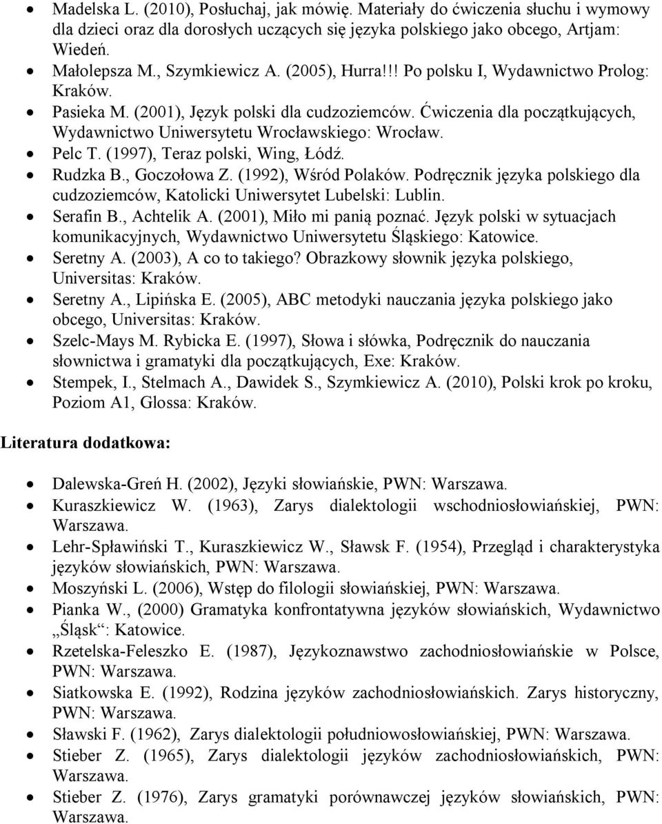 (1997), Teraz polski, Wing, Łódź. Rudzka B., Goczołowa Z. (1992), Wśród Polaków. Podręcznik języka polskiego dla cudzoziemców, Katolicki Uniwersytet Lubelski: Lublin. Serafin B., Achtelik A.