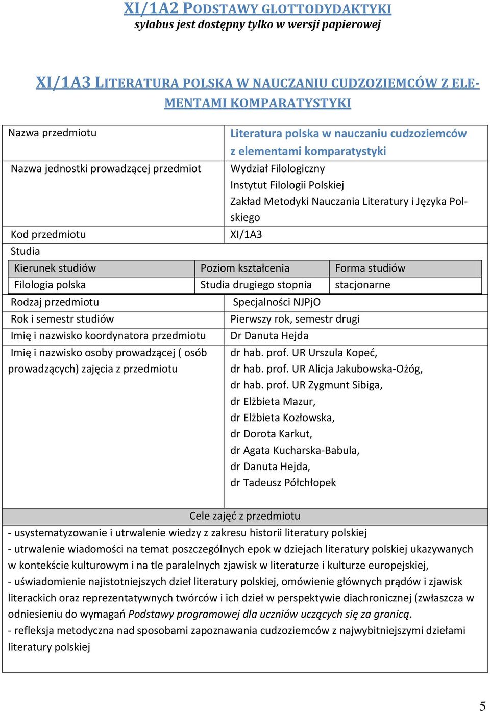 Literatury i Języka Polskiego XI/1A3 Kierunek studiów Poziom kształcenia Forma studiów Filologia polska Studia drugiego stopnia stacjonarne Rodzaj przedmiotu Rok i semestr studiów Imię i nazwisko