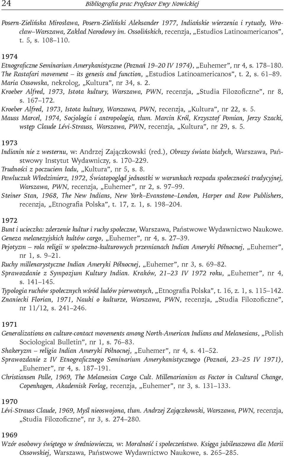 The Rastafari movement its genesis and function, Estudios Latinoamericanos, t. 2, s. 61 89. Maria Ossowska, nekrolog, Kultura, nr 34, s. 2. Kroeber Alfred, 1973, Istota kultury, Warszawa, PWN, recenzja, Studia Filozoficzne, nr 8, s.