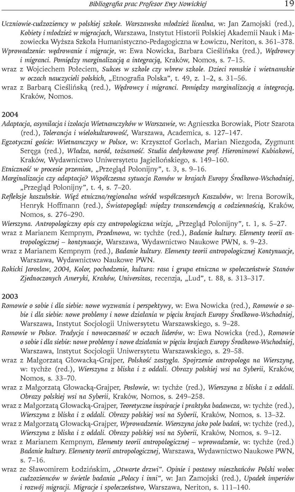 Wprowadzenie: wędrowanie i migracje, w: Ewa Nowicka, Barbara Cieślińska (red.), Wędrowcy i migranci. Pomiędzy marginalizacją a integracją, Kraków, Nomos, s. 7 15.