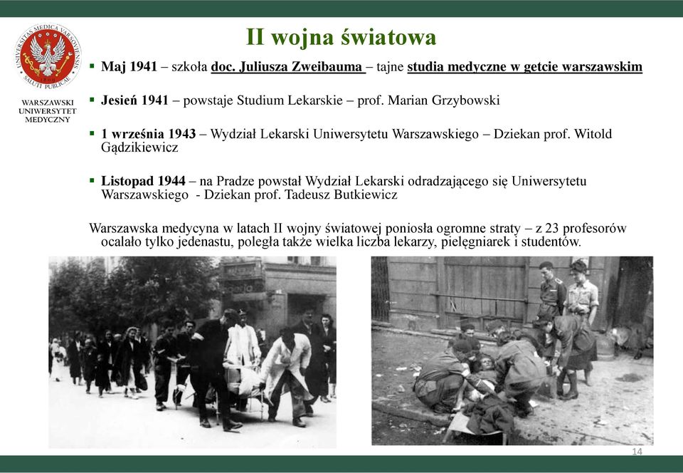 Marian Grzybowski 1 września 1943 Wydział Lekarski Uniwersytetu Warszawskiego Dziekan prof.