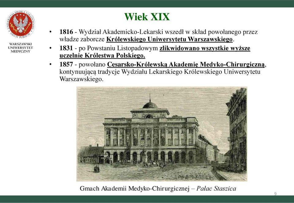1831 - po Powstaniu Listopadowym zlikwidowano wszystkie wyższe uczelnie Królestwa Polskiego.