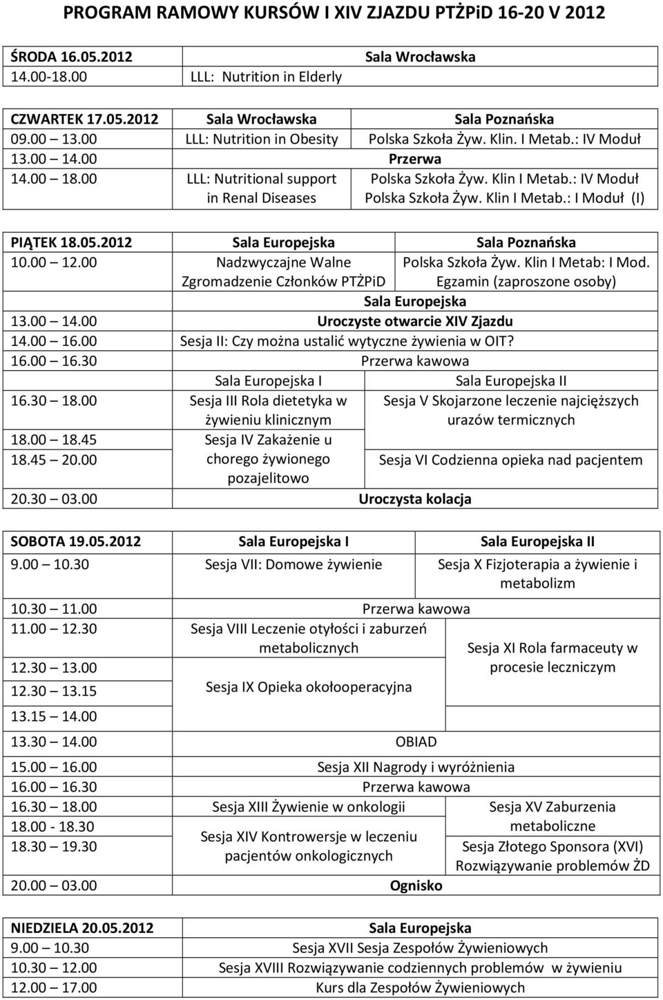 : IV Moduł Polska Szkoła Żyw. Klin I Metab.: I Moduł (I) PIĄTEK 18.05.2012 Sala Europejska Sala Poznańska 10.00 12.00 Nadzwyczajne Walne Zgromadzenie Członków PTŻPiD Polska Szkoła Żyw.