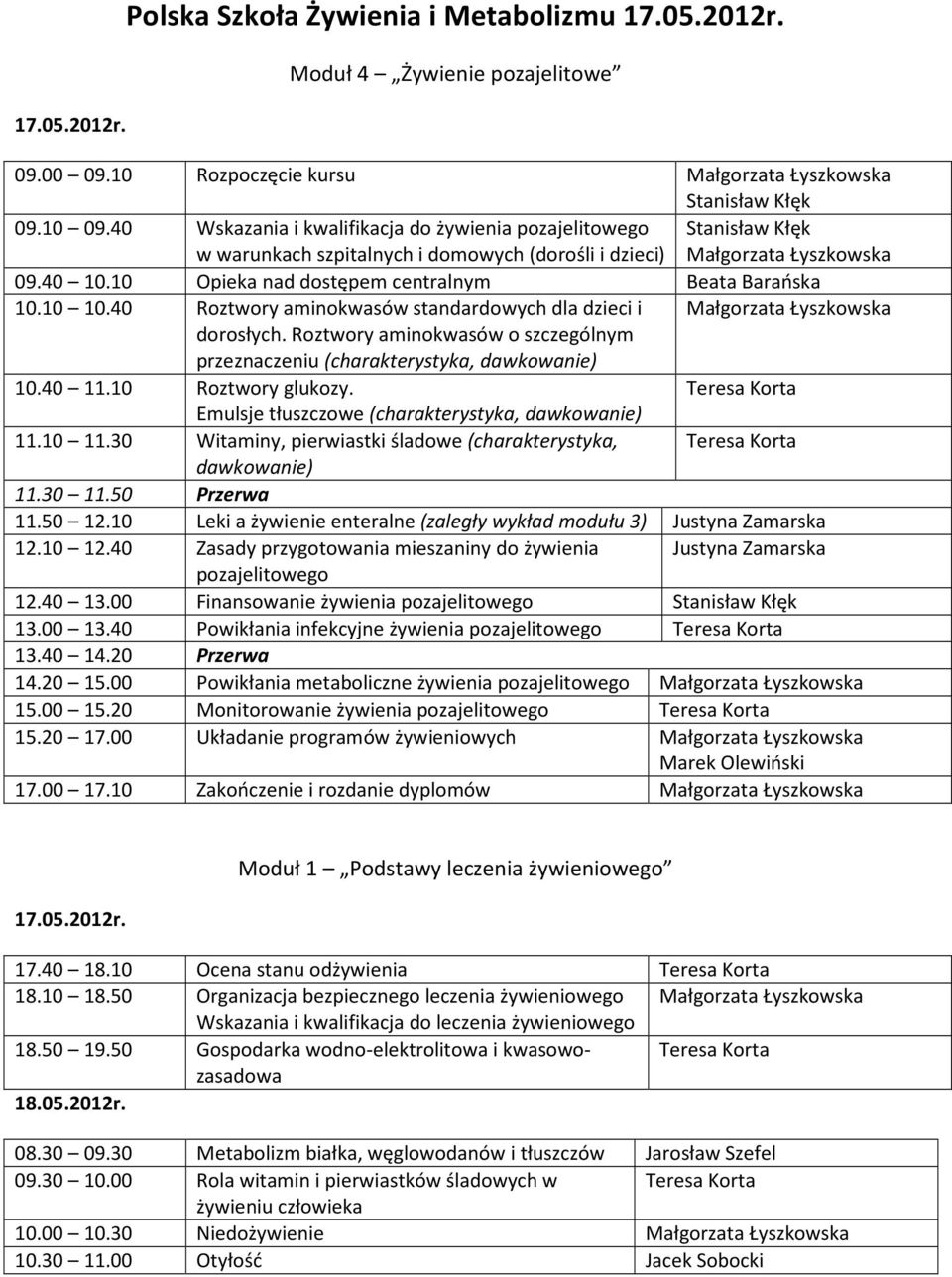 10 Opieka nad dostępem centralnym Beata Barańska 10.10 10.40 Roztwory aminokwasów standardowych dla dzieci i Małgorzata Łyszkowska dorosłych.