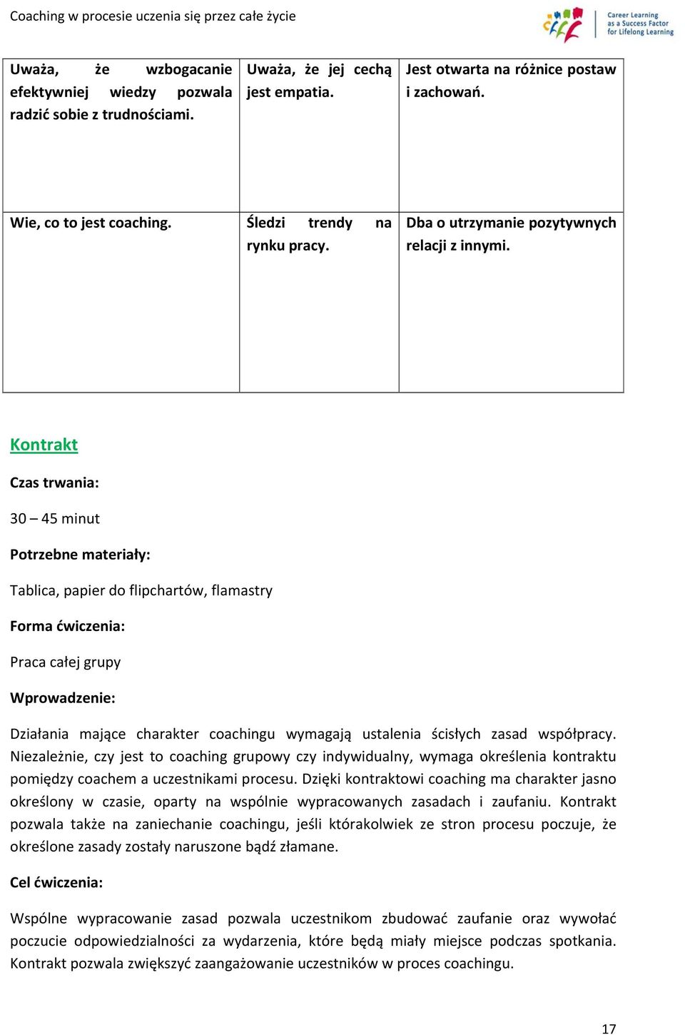 Kontrakt Czas trwania: 30 45 minut Potrzebne materiały: Tablica, papier do flipchartów, flamastry Forma ćwiczenia: Praca całej grupy Wprowadzenie: Działania mające charakter coachingu wymagają