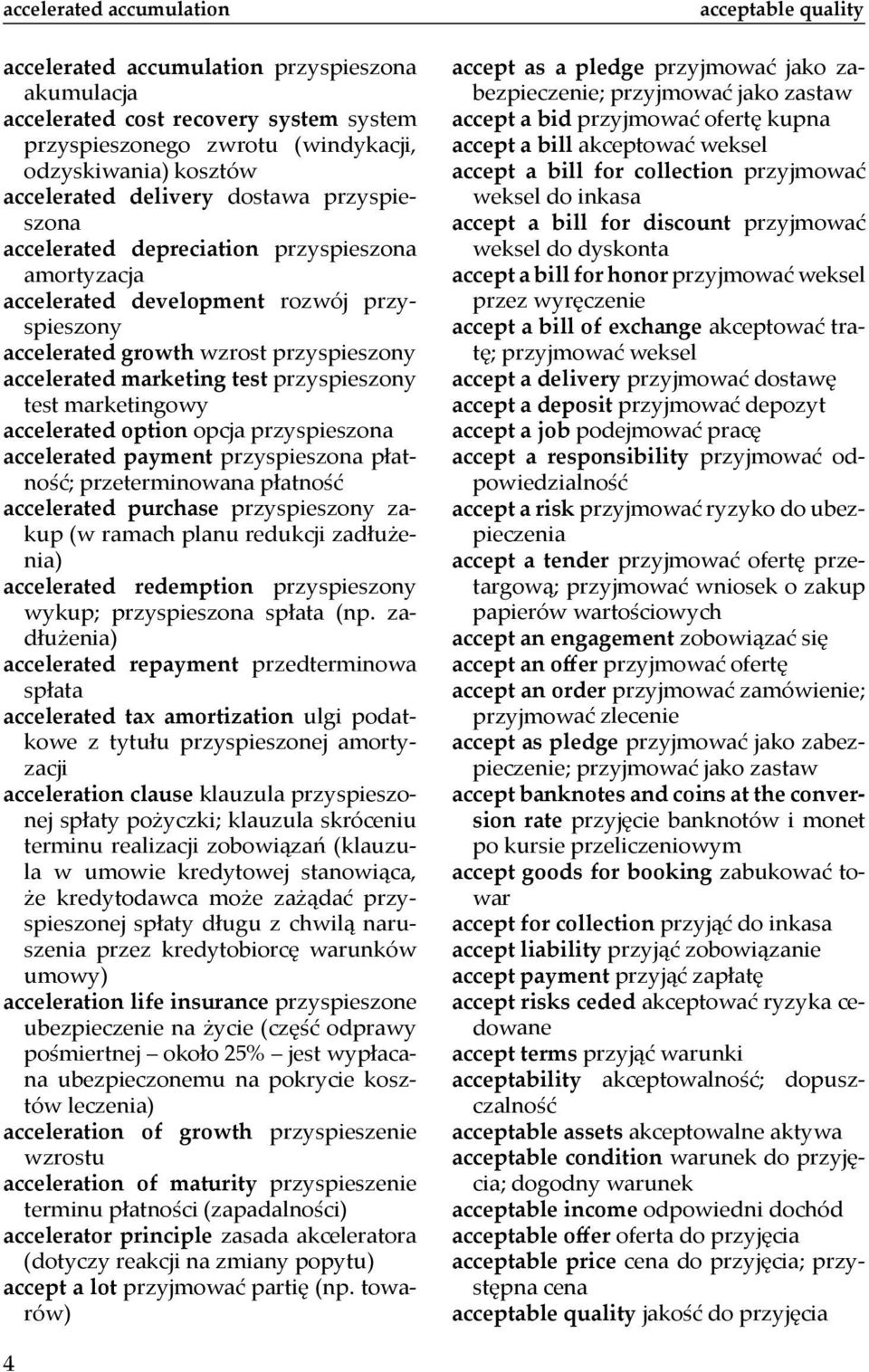 test marketingowy accelerated option opcja przyspieszona accelerated payment przyspieszona płatność; przeterminowana płatność accelerated purchase przyspieszony zakup (w ramach planu redukcji zadłu