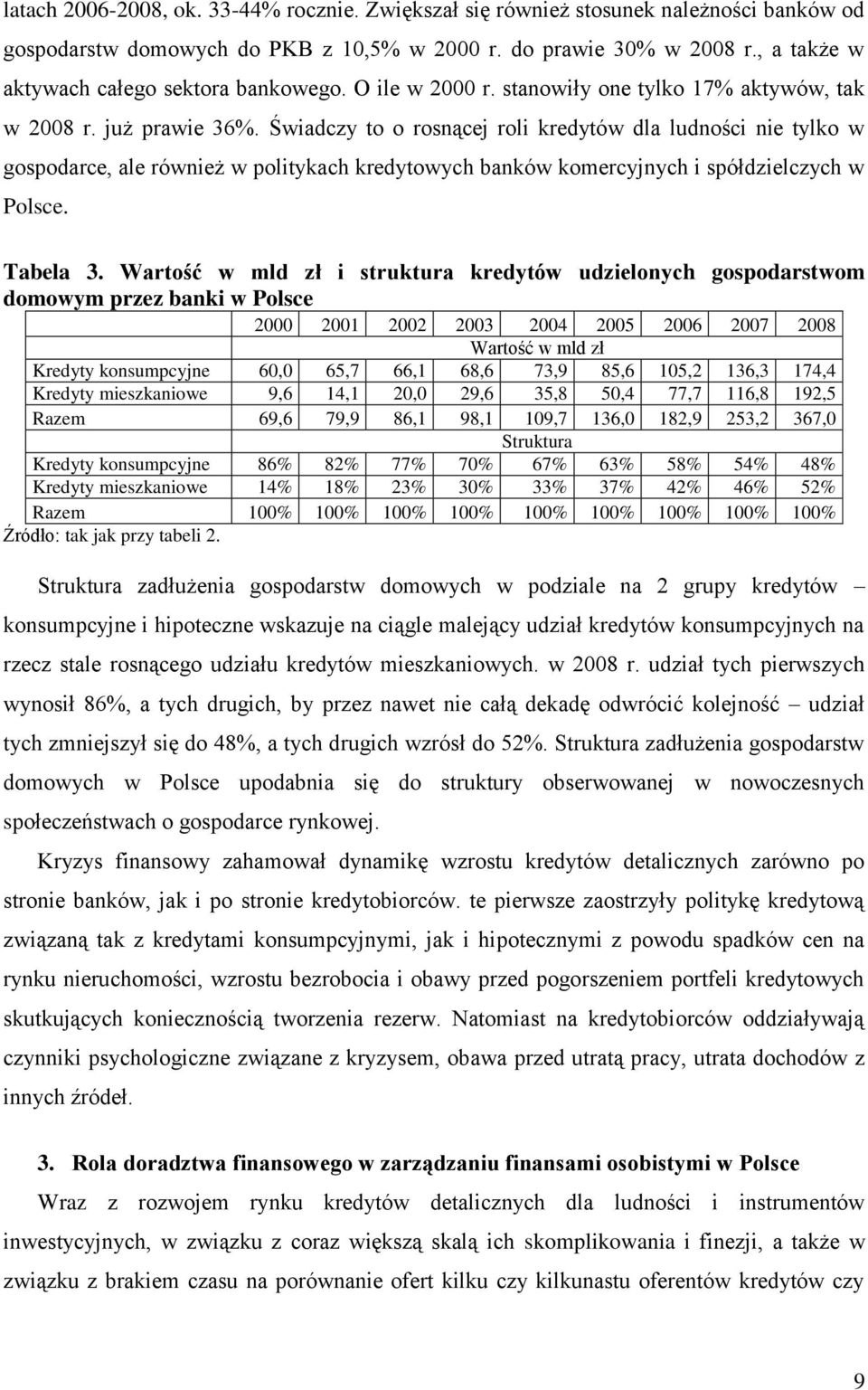 Świadczy to o rosnącej roli kredytów dla ludności nie tylko w gospodarce, ale również w politykach kredytowych banków komercyjnych i spółdzielczych w Polsce. Tabela 3.