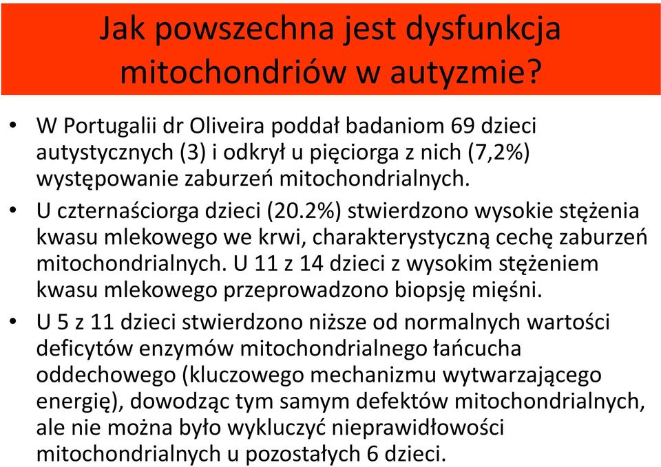 2%) stwierdzono wysokie stężenia kwasu mlekowego we krwi, charakterystyczną cechę zaburzeń mitochondrialnych.