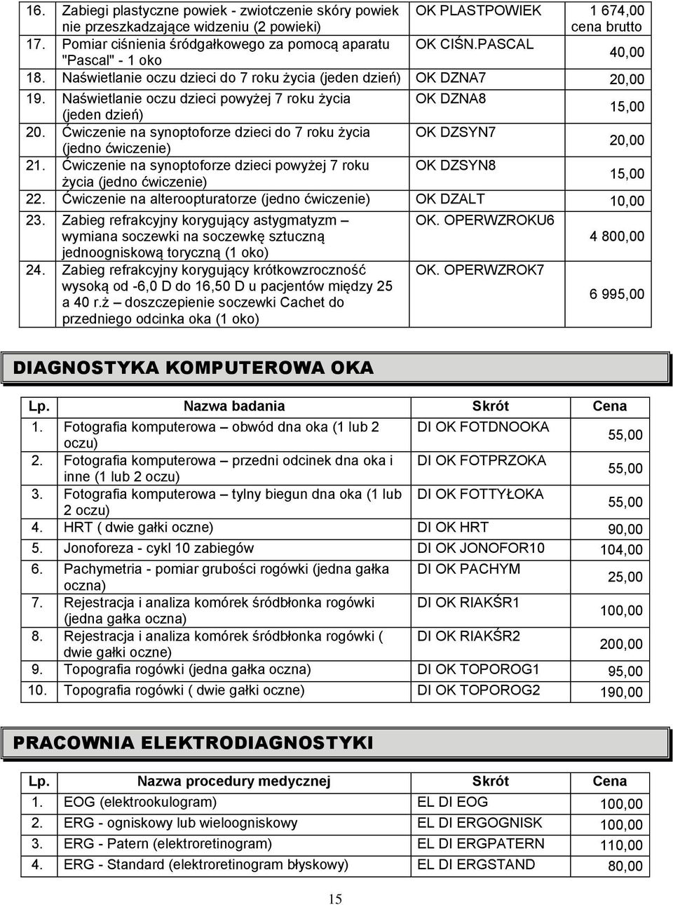 Ćwiczenie na synoptoforze dzieci do 7 roku życia OK DZSYN7 (jedno ćwiczenie) 20,00 21. Ćwiczenie na synoptoforze dzieci powyżej 7 roku OK DZSYN8 życia (jedno ćwiczenie) 15,00 22.