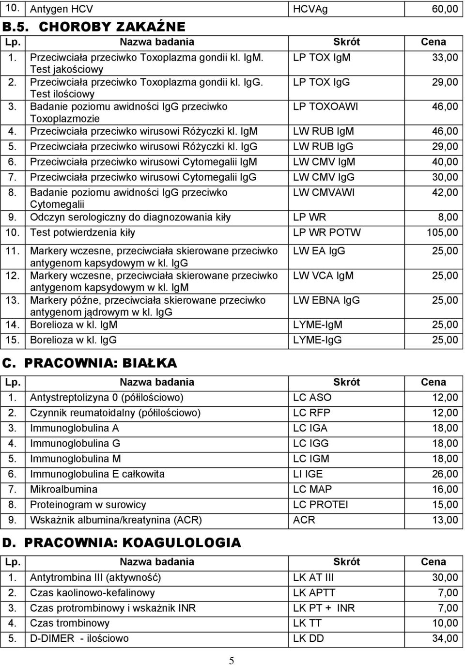 Przeciwciała przeciwko wirusowi Różyczki kl. IgM LW RUB IgM 46,00 5. Przeciwciała przeciwko wirusowi Różyczki kl. IgG LW RUB IgG 29,00 6.