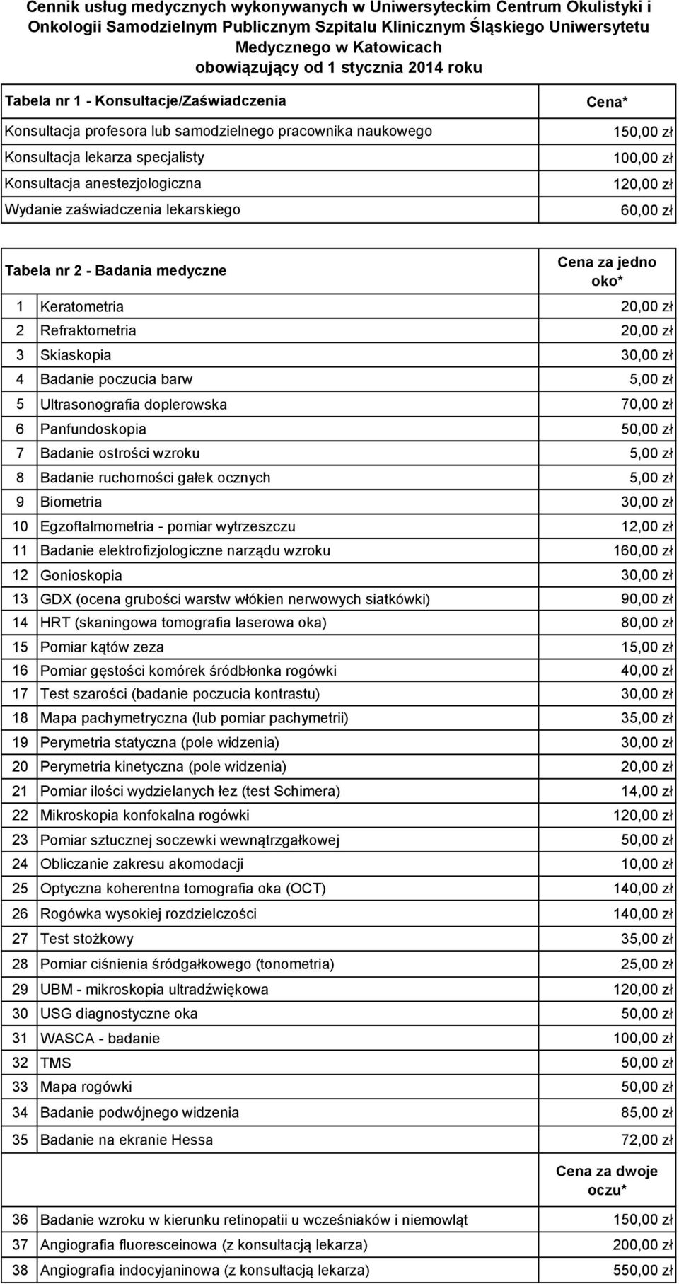 lekarskiego Cena* 100,00 zł 120,00 zł 60,00 zł Tabela nr 2 - Badania medyczne Cena za jedno oko* 1 Keratometria 20,00 zł 2 Refraktometria 20,00 zł 3 Skiaskopia 30,00 zł 4 Badanie poczucia barw 5,00